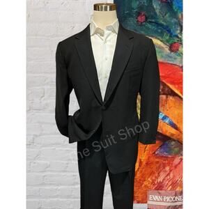 Evan Picone Mens 46L 38x30 Solid Black Heavier 2 Piece Suit Virgin Wool